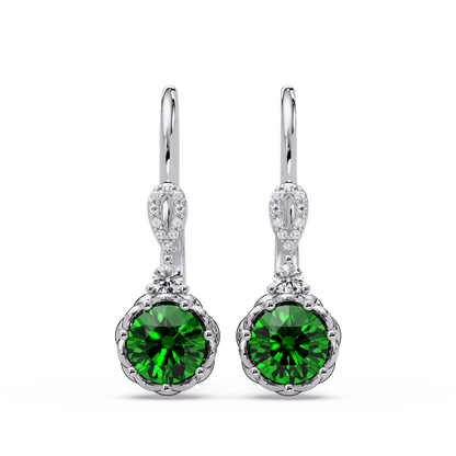 2.1 CTW round colorstone drop earrings in White gold, Emerald Green centers