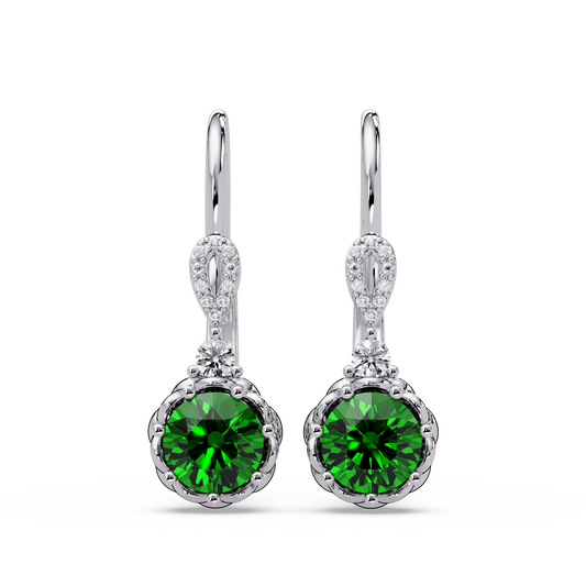 2.1 CTW round colorstone drop earrings in White gold, Emerald Green centers
