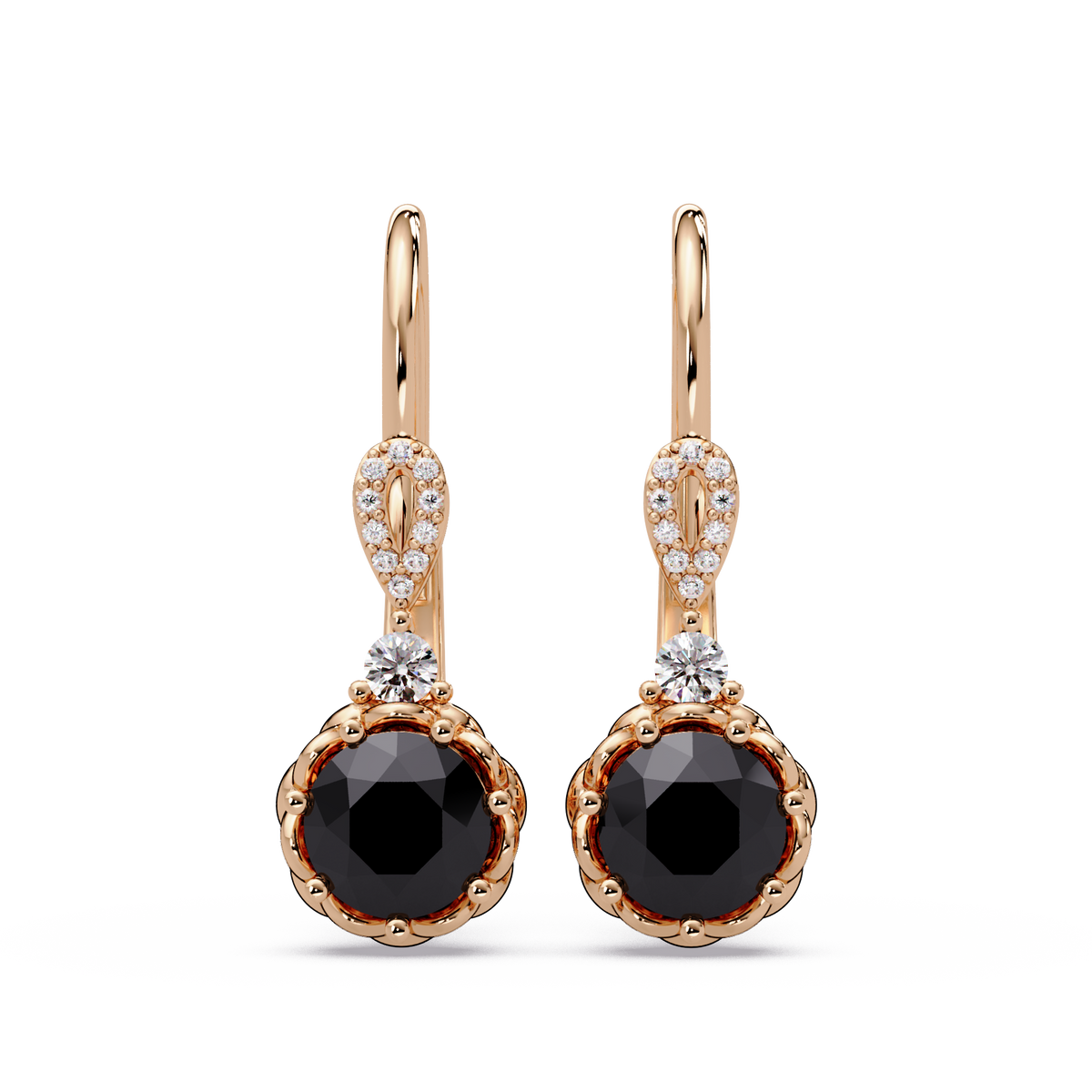 2.1 CTW round colorstone drop earrings in Rose gold, Onyx centers