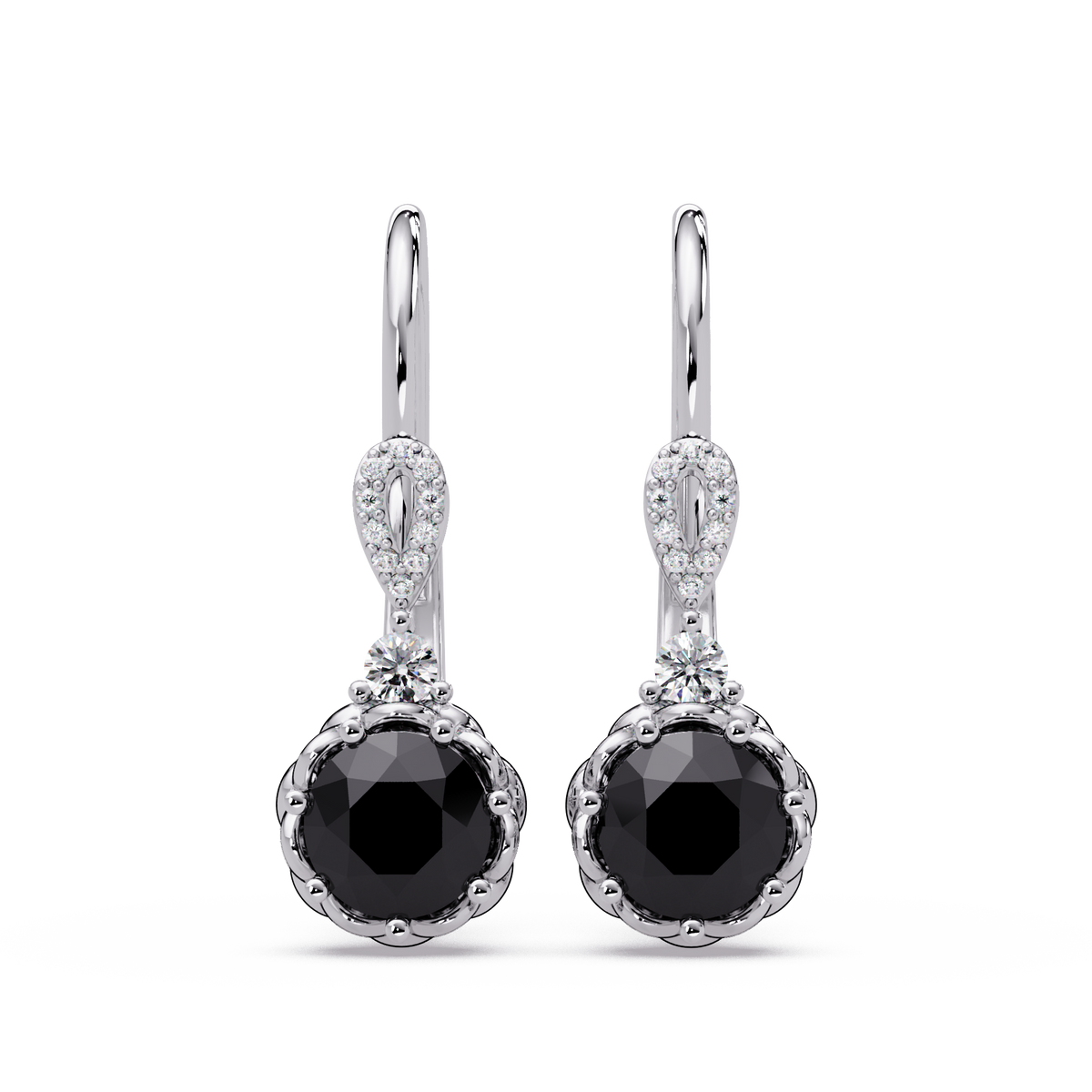 2.1 CTW round colorstone drop earrings in White gold, Onyx centers