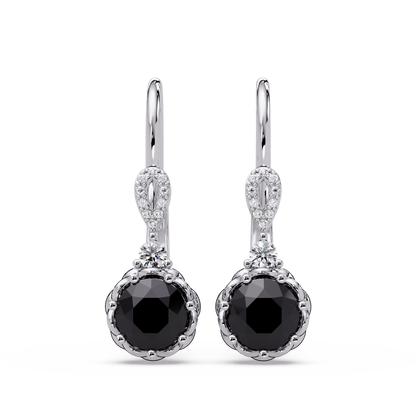 2.1 CTW round colorstone drop earrings in White gold, Onyx centers