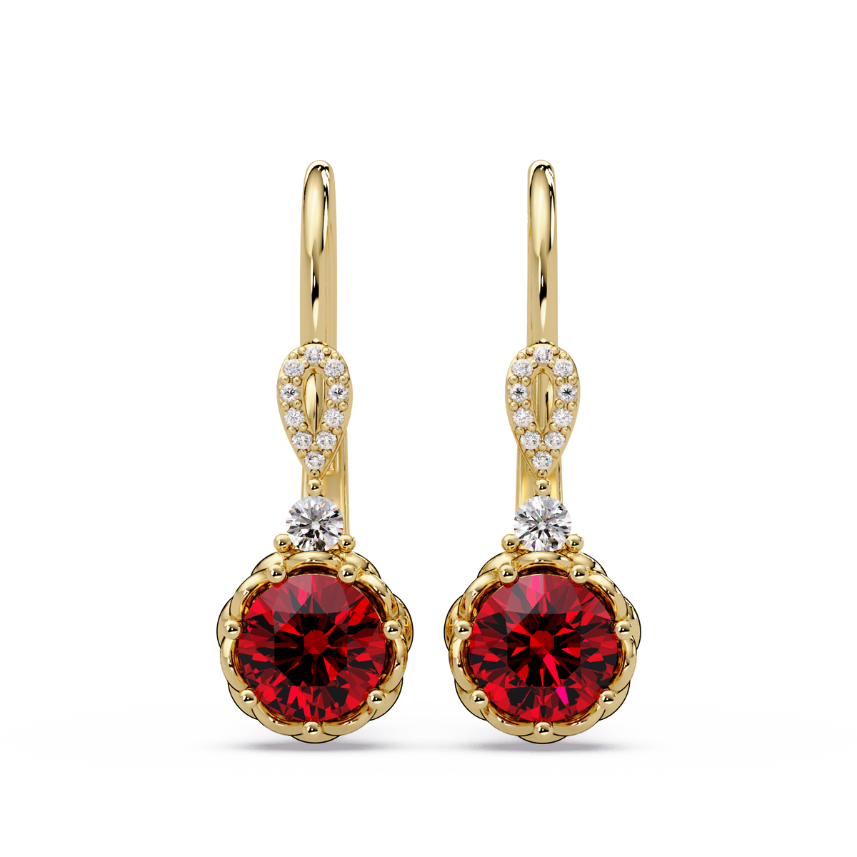 2.1 CTW round colorstone drop earrings in Gold, Ruby Red centers