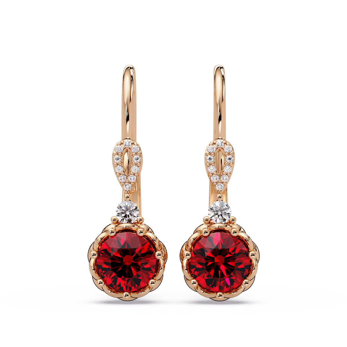 2.1 CTW round colorstone drop earrings in Rose gold, Ruby Red centers