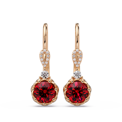 2.1 CTW round colorstone drop earrings in Rose gold, Ruby Red centers