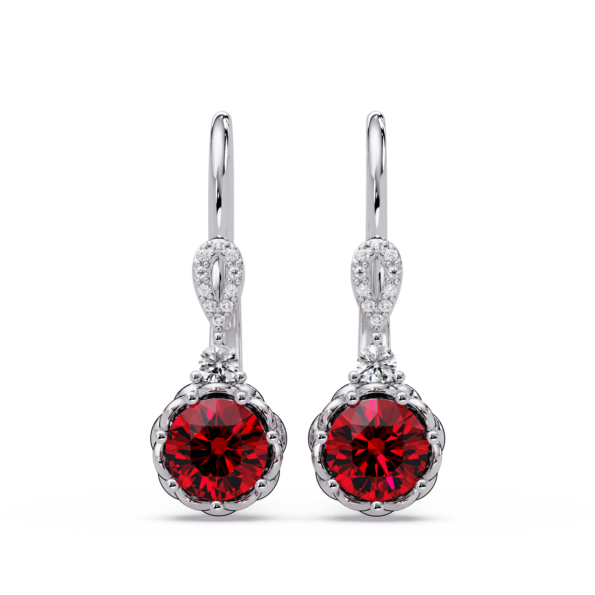 2.1 CTW round colorstone drop earrings in White gold, Ruby Red centers