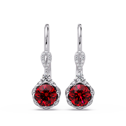2.1 CTW round colorstone drop earrings in White gold, Ruby Red centers