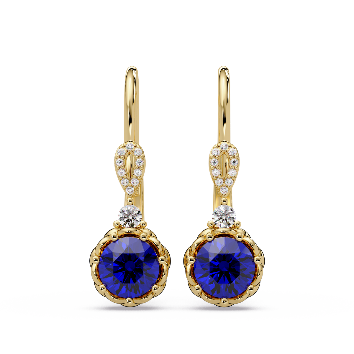 2.1 CTW round colorstone drop earrings in Gold, Sapphire Blue centers