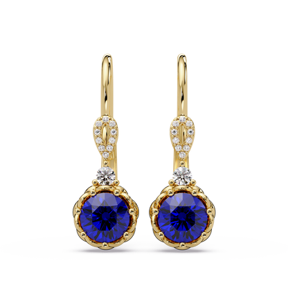 2.1 CTW round colorstone drop earrings in Gold, Sapphire Blue centers