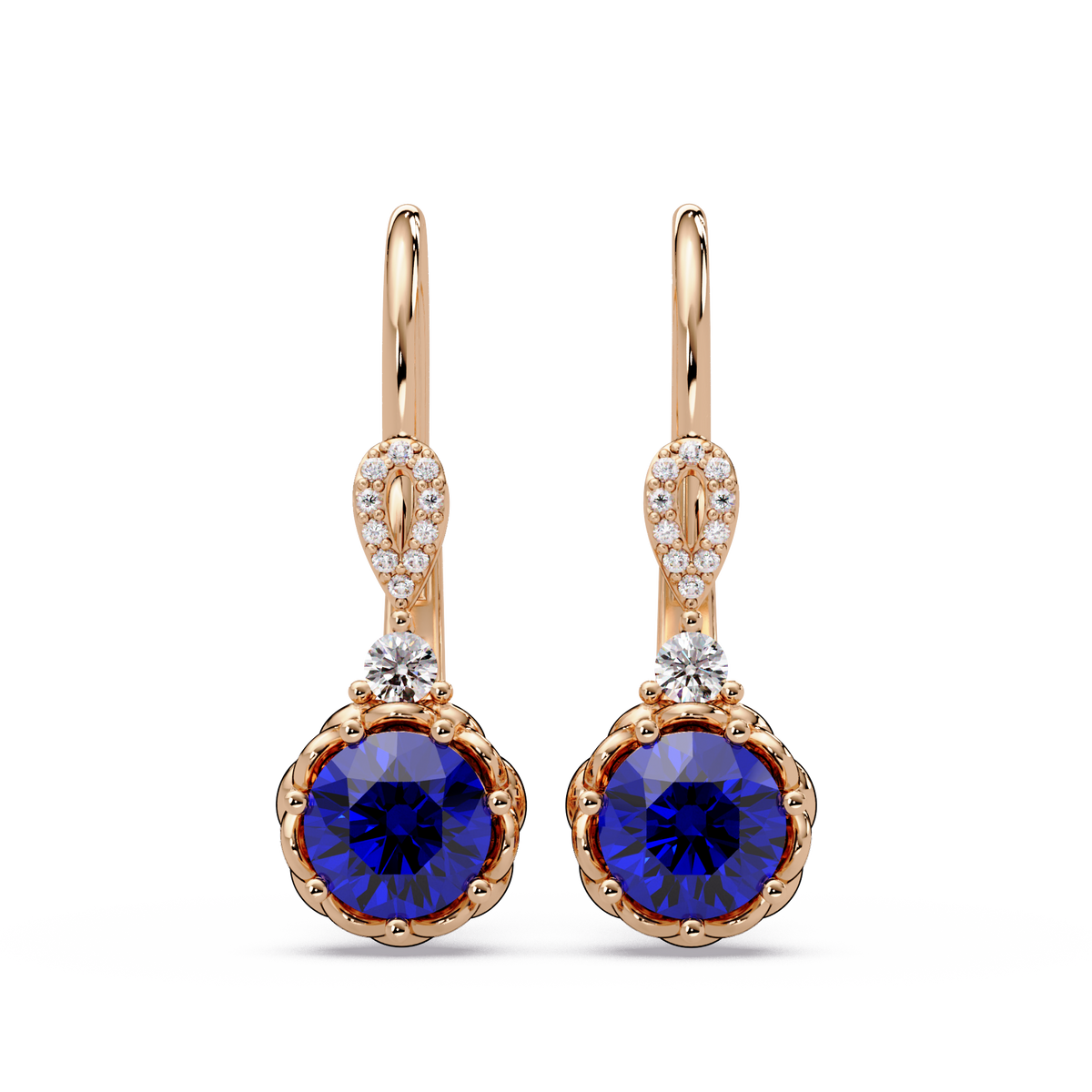 2.1 CTW round colorstone drop earrings in Rose gold, Sapphire Blue centers