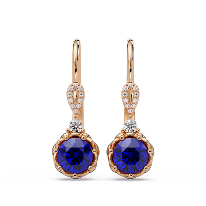 2.1 CTW round colorstone drop earrings in Rose gold, Sapphire Blue centers