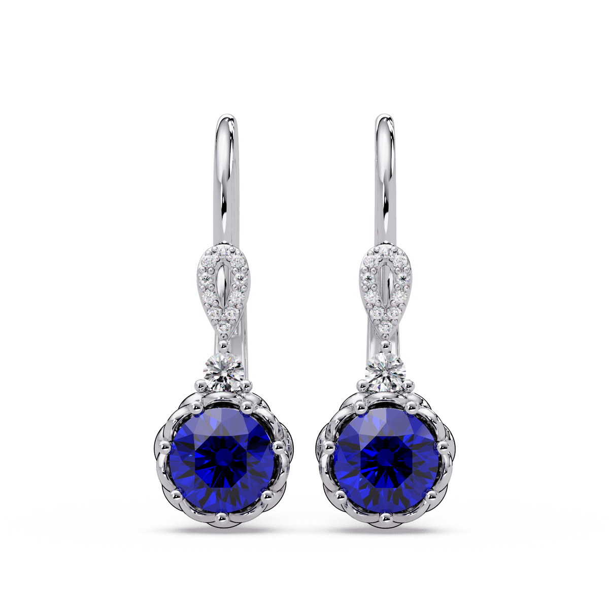 2.1 CTW round colorstone drop earrings in White gold, Sapphire Blue centers
