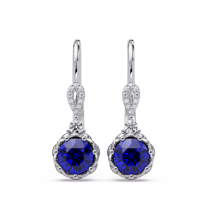 2.1 CTW round colorstone drop earrings in White gold, Sapphire Blue centers