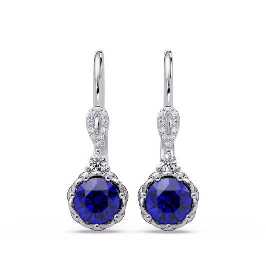 2.1 CTW round colorstone drop earrings in White gold, Sapphire Blue centers