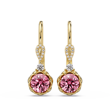 2.1 CTW round colorstone drop earrings in Gold, Tourmaline Pink centers