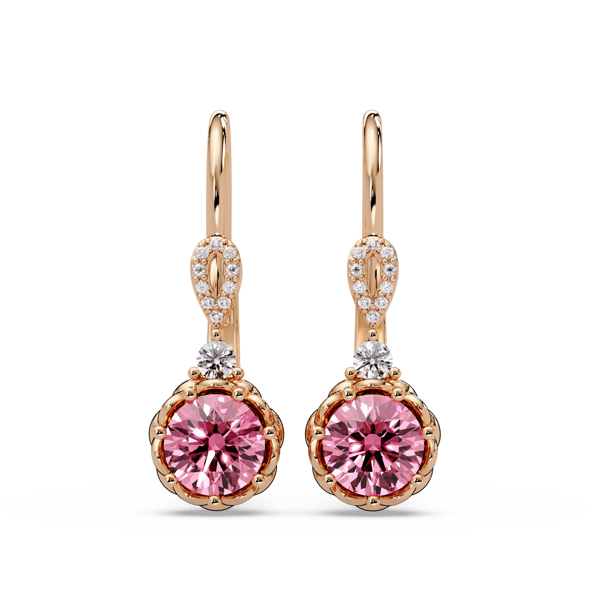2.1 CTW round colorstone drop earrings in Rose gold, Tourmaline Pink centers