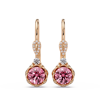 2.1 CTW round colorstone drop earrings in Rose gold, Tourmaline Pink centers