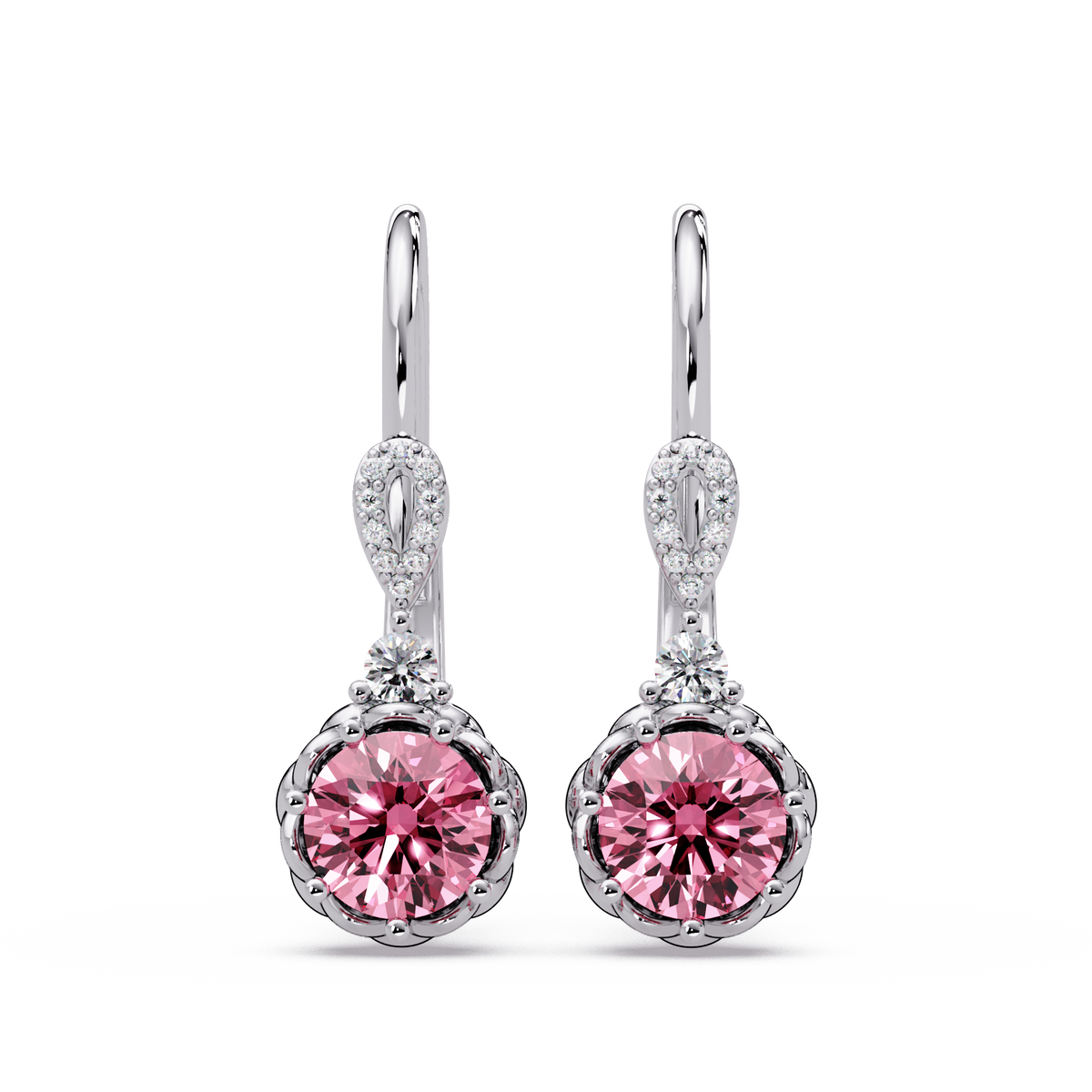 2.1 CTW round colorstone drop earrings in White gold, Tourmaline Pink centers