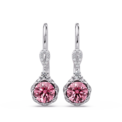 2.1 CTW round colorstone drop earrings in White gold, Tourmaline Pink centers