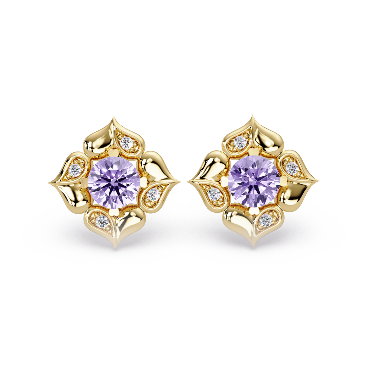 0.5 CTW round floral colorstone stud earrings, Amethyst Purple, Gold