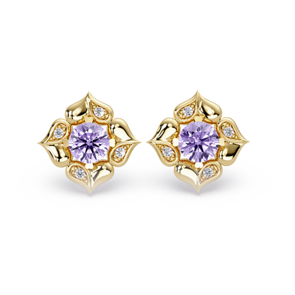 0.5 CTW round floral colorstone stud earrings, Amethyst Purple, Gold