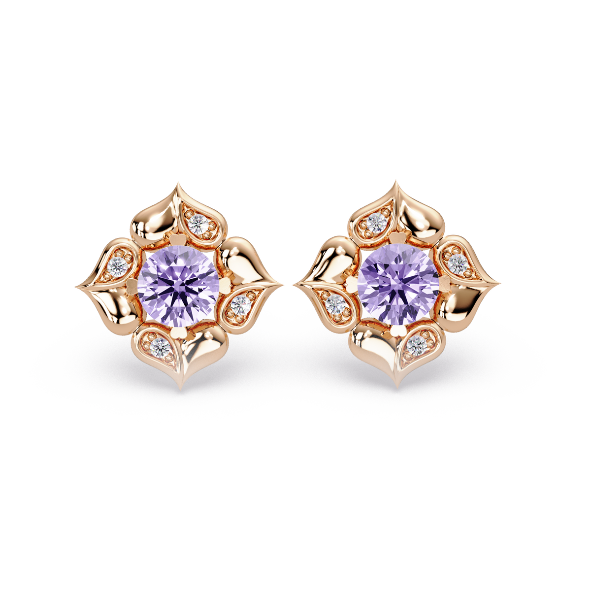 0.5 CTW round floral colorstone stud earrings, Amethyst Purple, Rose gold