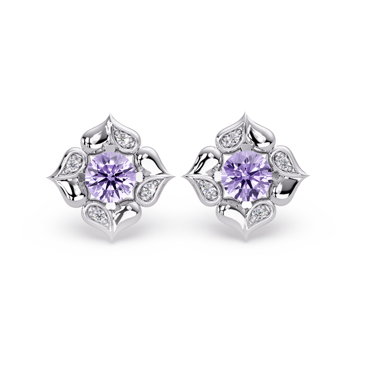 0.5 CTW round floral colorstone stud earrings, Amethyst Purple, White gold