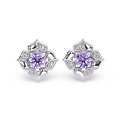 0.5 CTW round floral colorstone stud earrings, Amethyst Purple, White gold