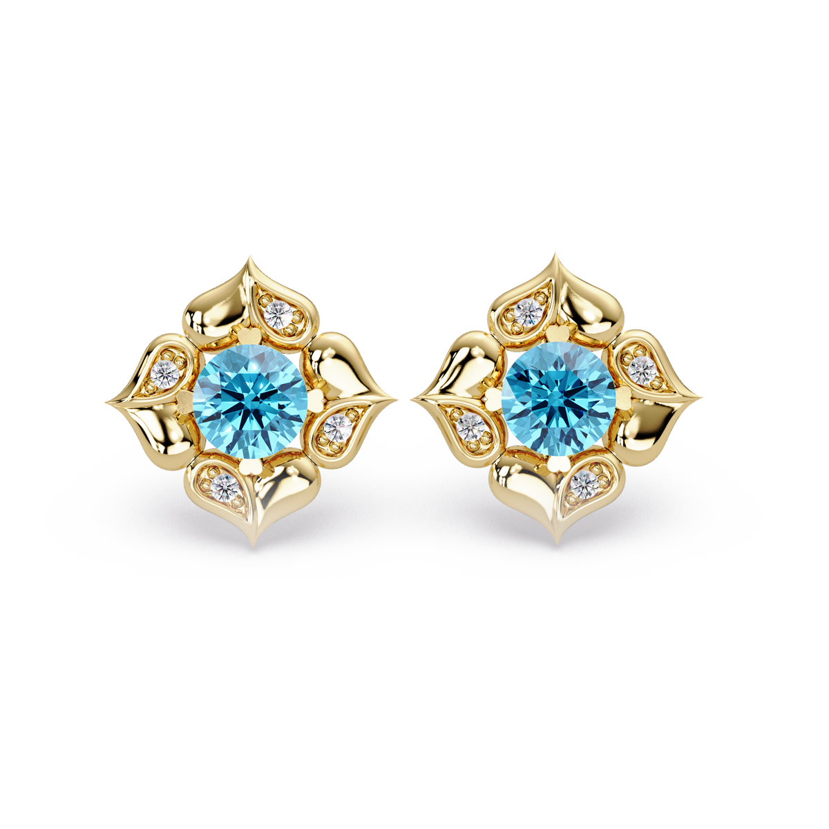 0.5 CTW round floral colorstone stud earrings, Aquamarine Blue, Gold