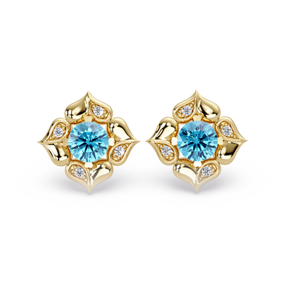 0.5 CTW round floral colorstone stud earrings, Aquamarine Blue, Gold