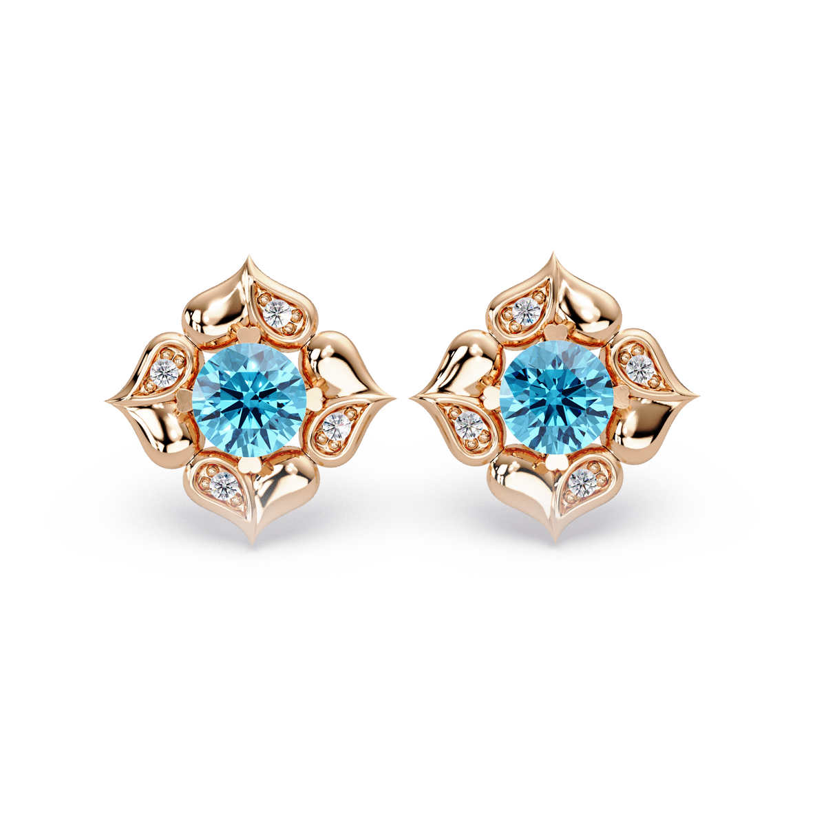 0.5 CTW round floral colorstone stud earrings, Aquamarine Blue, Rose gold