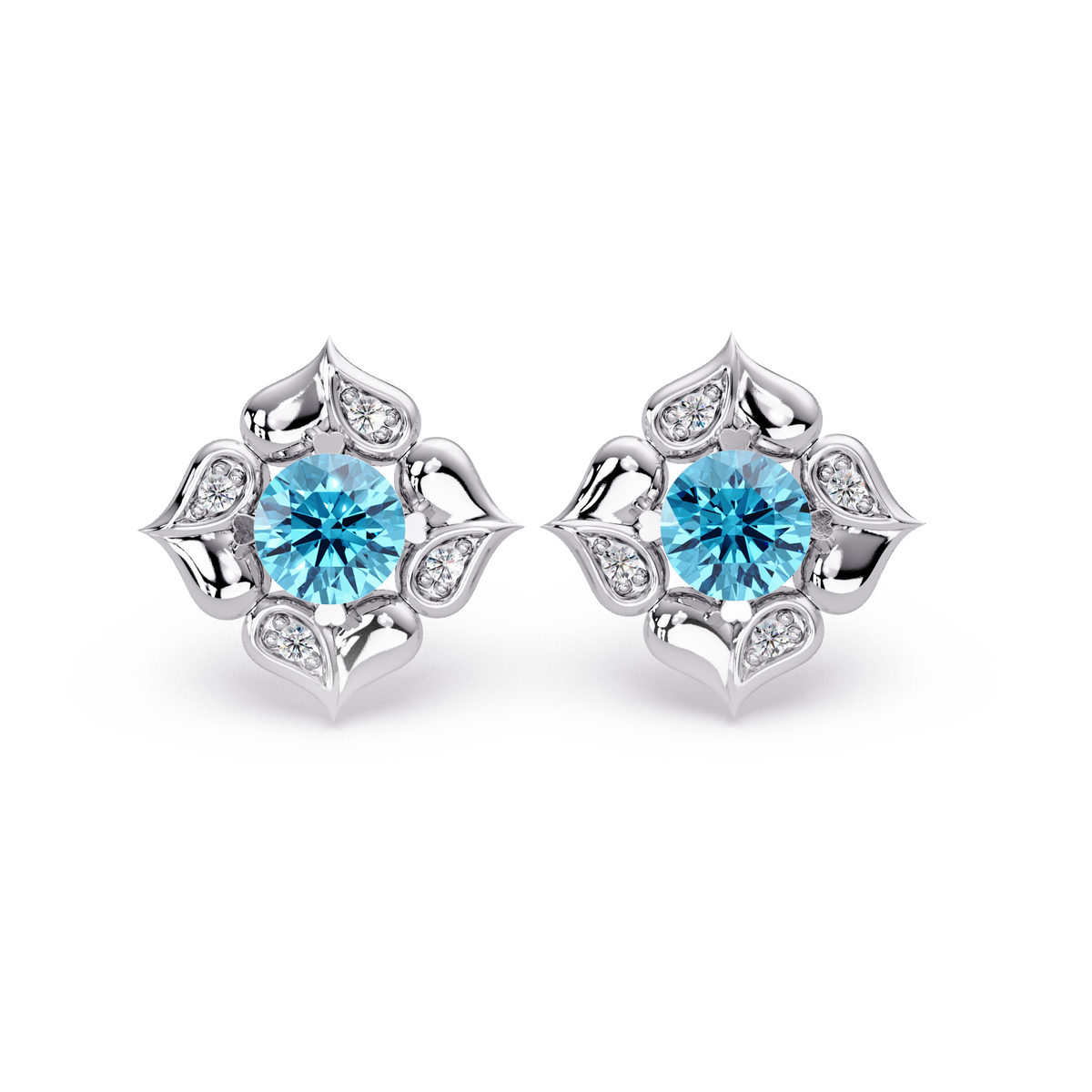 0.5 CTW round floral colorstone stud earrings, Aquamarine Blue, White gold