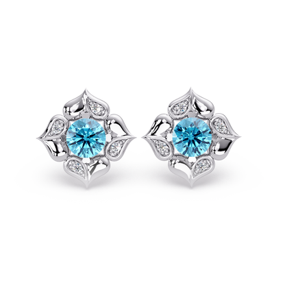 0.5 CTW round floral colorstone stud earrings, Aquamarine Blue, White gold