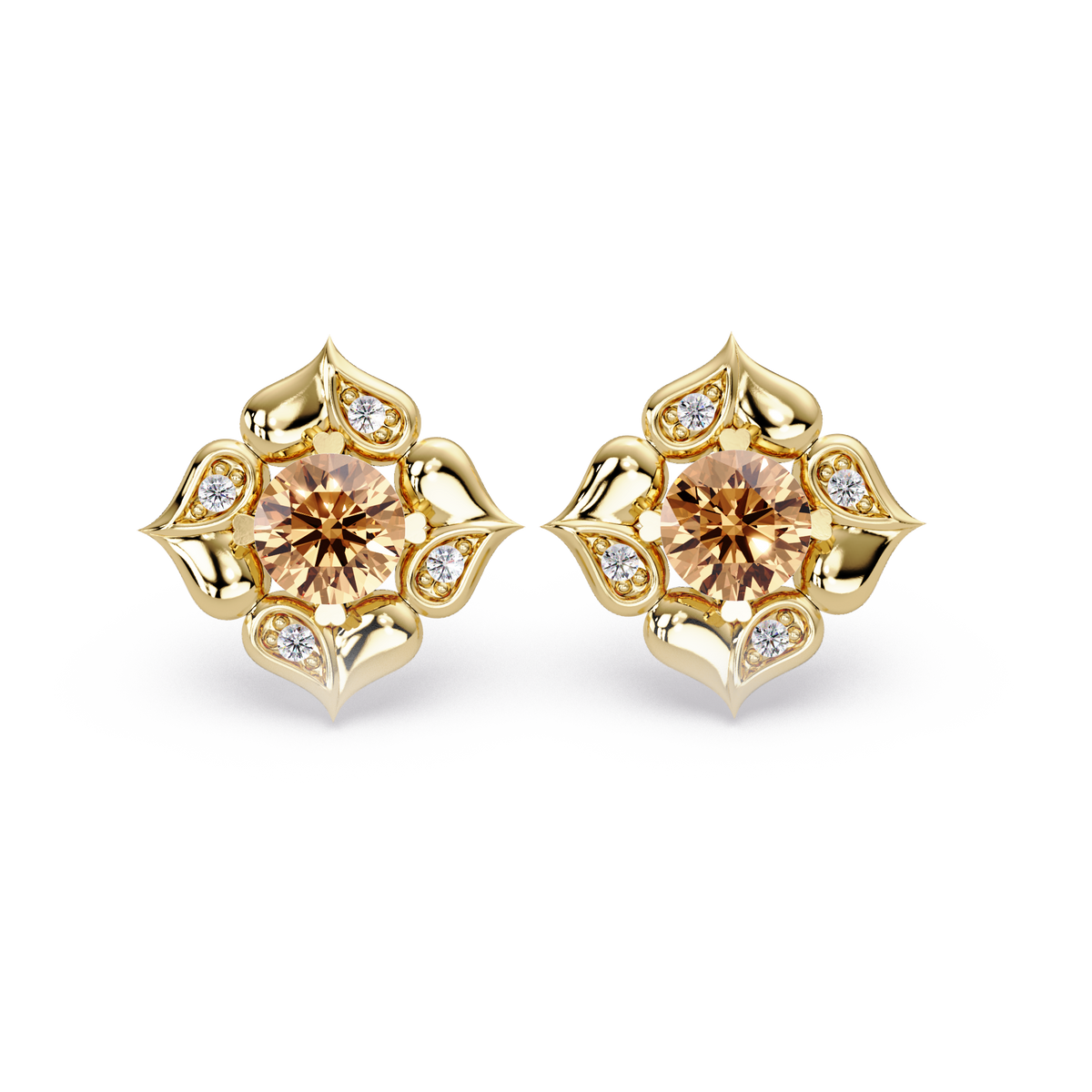 0.5 CTW round floral colorstone stud earrings, Champagne Topaz, Gold