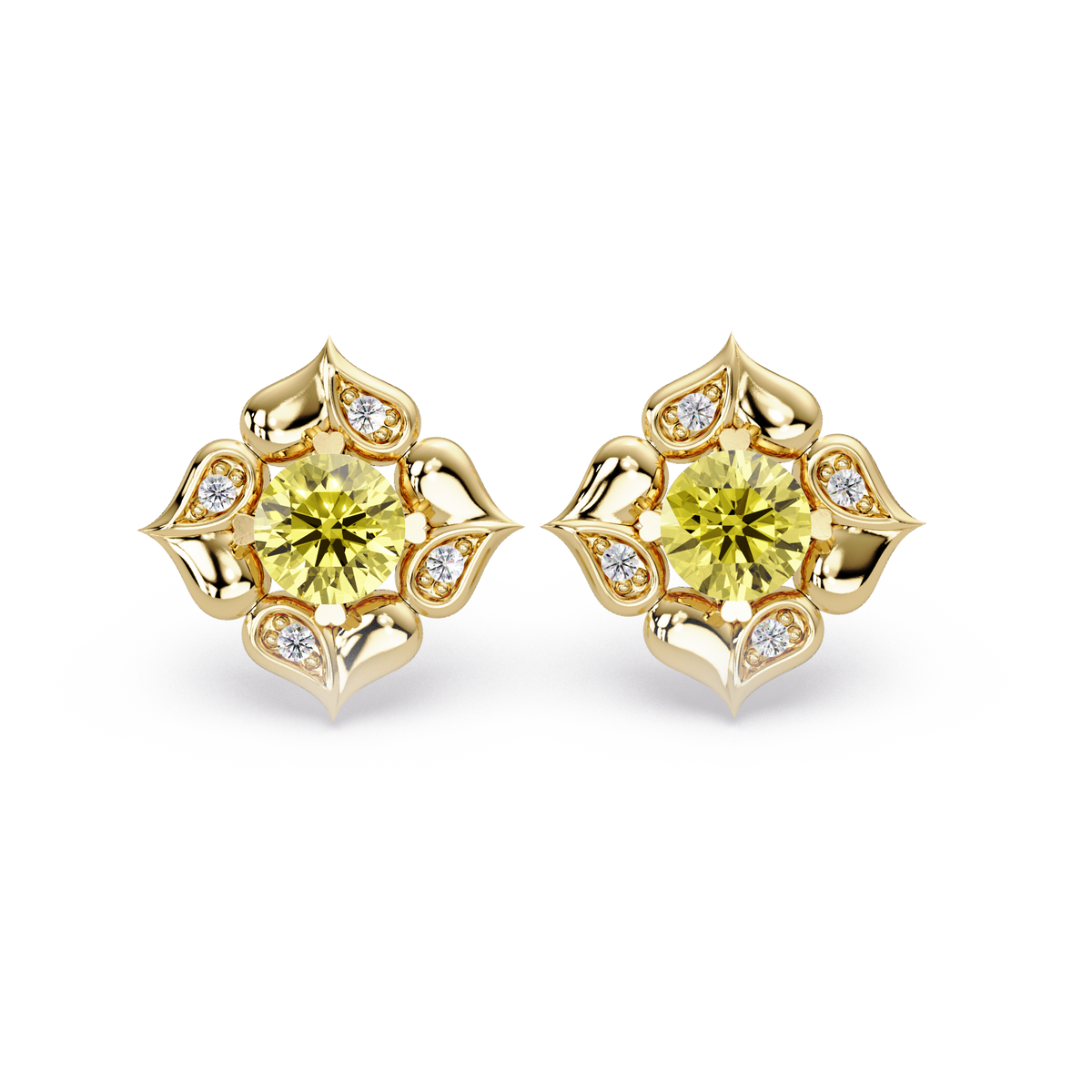 0.5 CTW round floral colorstone stud earrings, Citrine Yellow, Gold