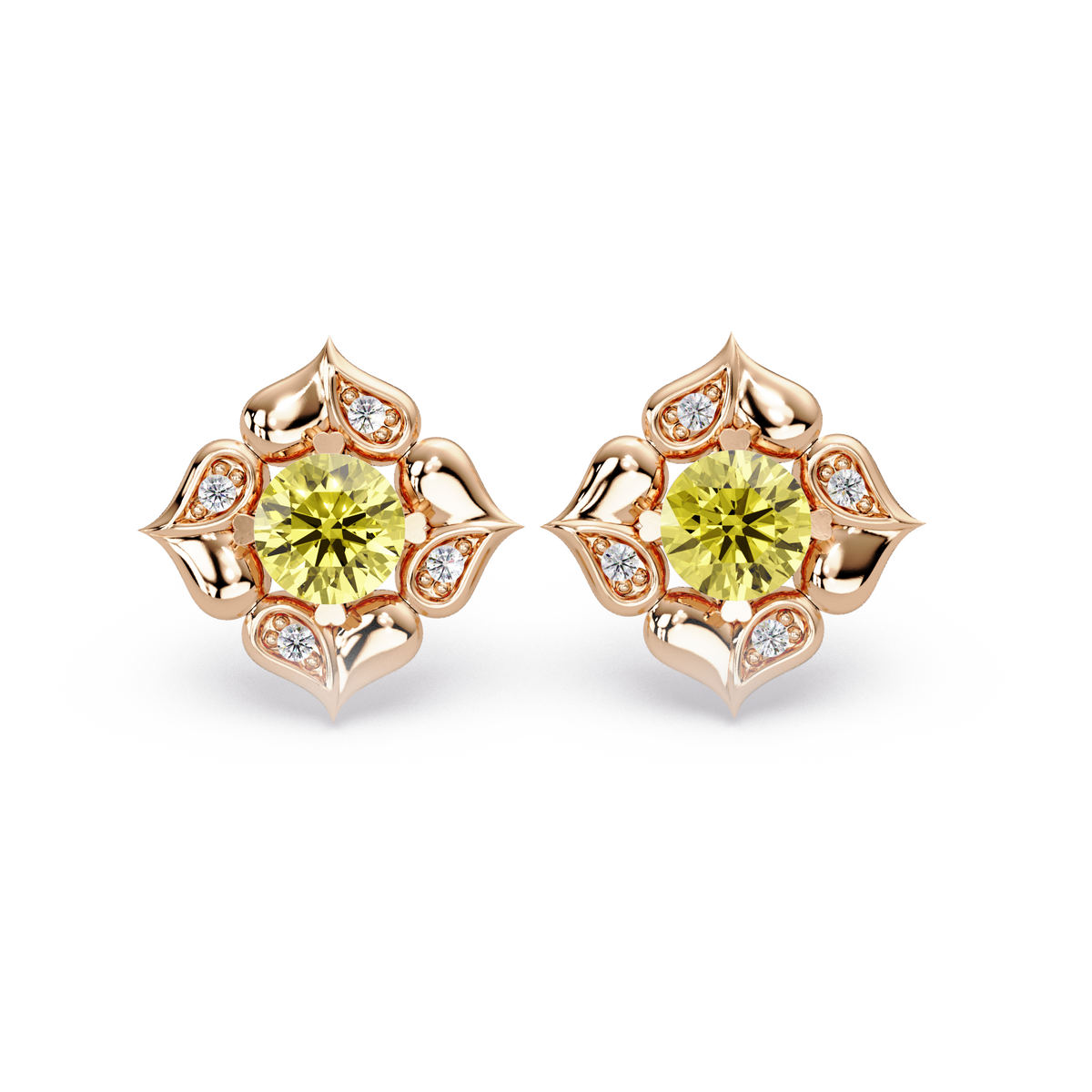 0.5 CTW round floral colorstone stud earrings, Citrine Yellow, Rose gold