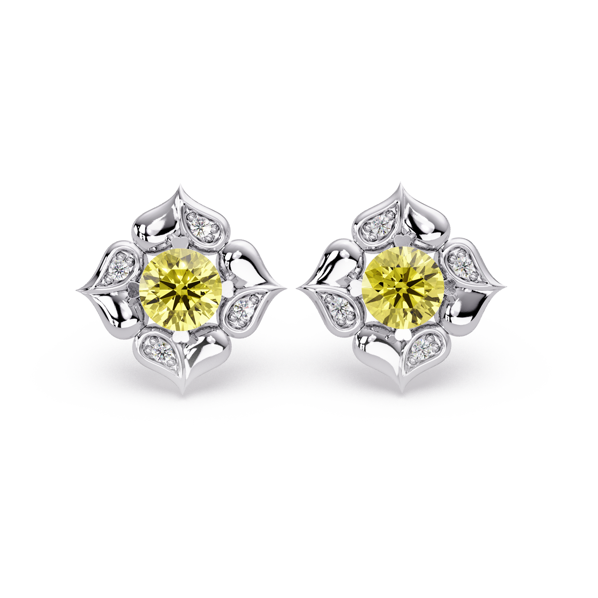 0.5 CTW round floral colorstone stud earrings, Citrine Yellow, White gold