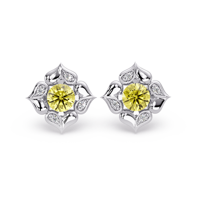0.5 CTW round floral colorstone stud earrings, Citrine Yellow, White gold