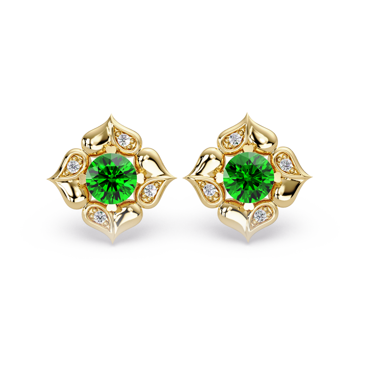 0.5 CTW round floral colorstone stud earrings, Emerald Green, Gold