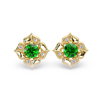 0.5 CTW round floral colorstone stud earrings, Emerald Green, Gold