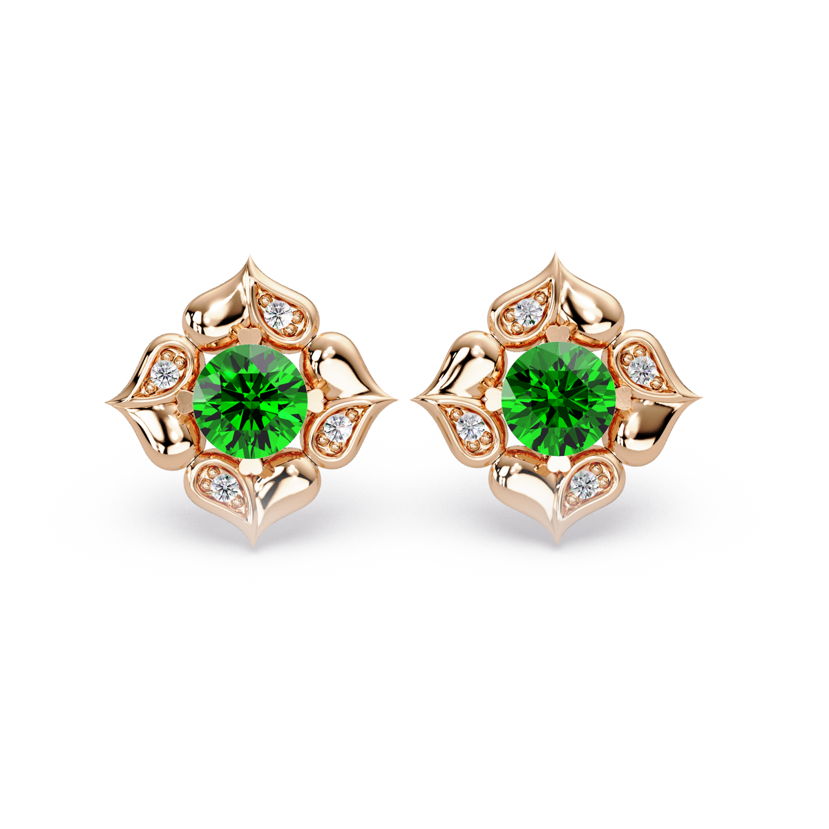 0.5 CTW round floral colorstone stud earrings, Emerald Green, Rose gold