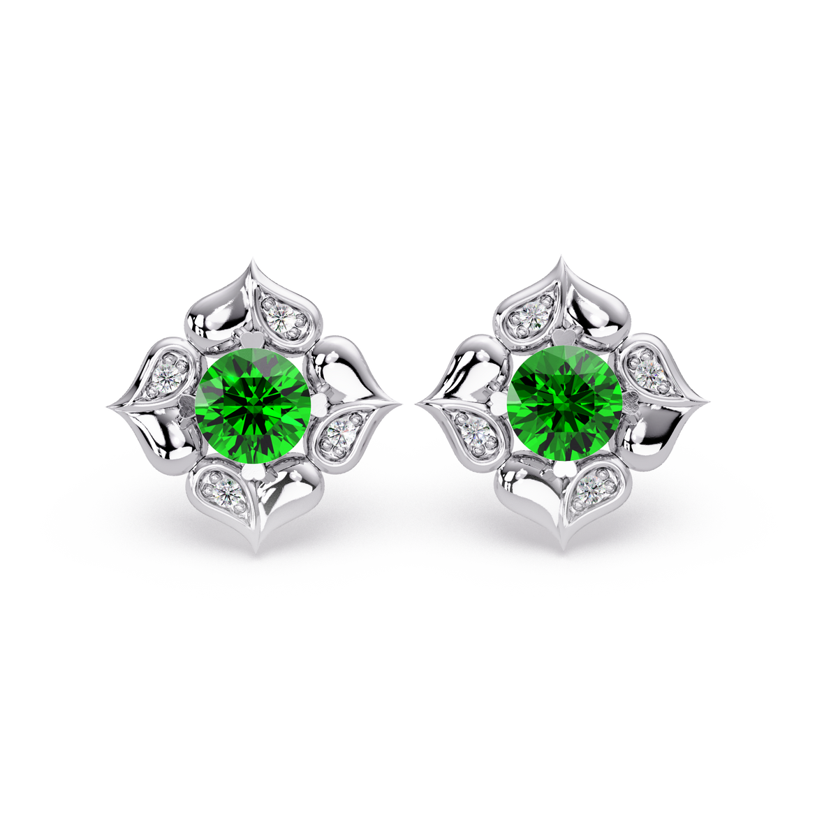 0.5 CTW round floral colorstone stud earrings, Emerald Green, White gold