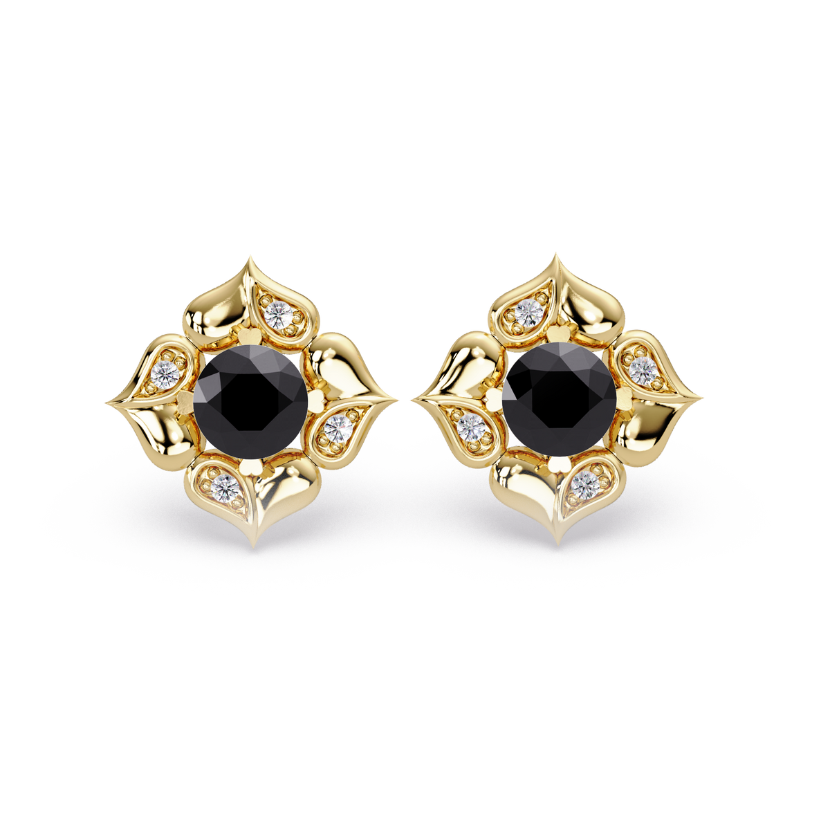 0.5 CTW round floral colorstone stud earrings, Onyx, Gold