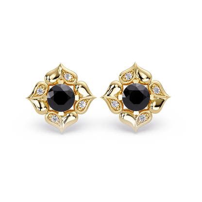 0.5 CTW round floral colorstone stud earrings, Onyx, Gold