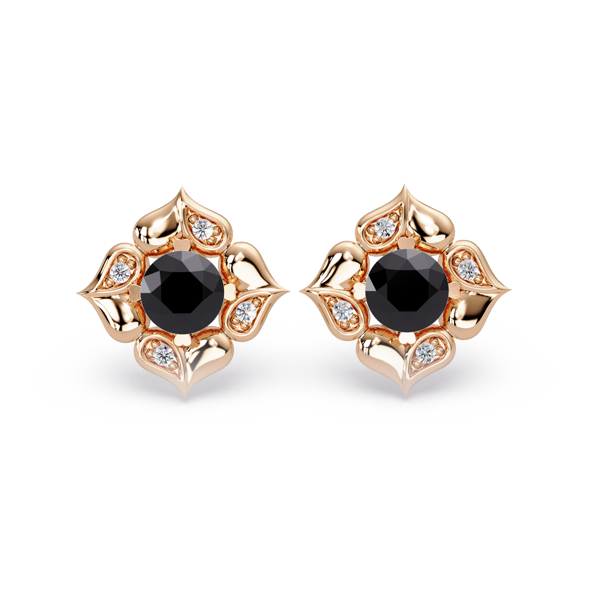 0.5 CTW round floral colorstone stud earrings, Onyx, Rose gold