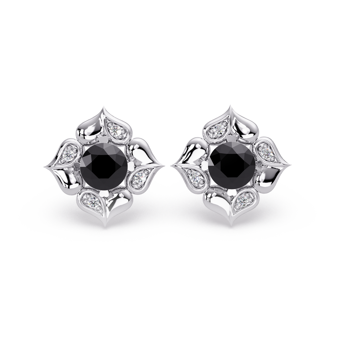 0.5 CTW round floral colorstone stud earrings, Onyx, White gold