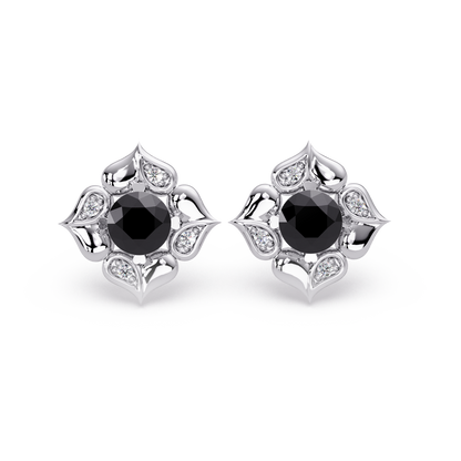 0.5 CTW round floral colorstone stud earrings, Onyx, White gold