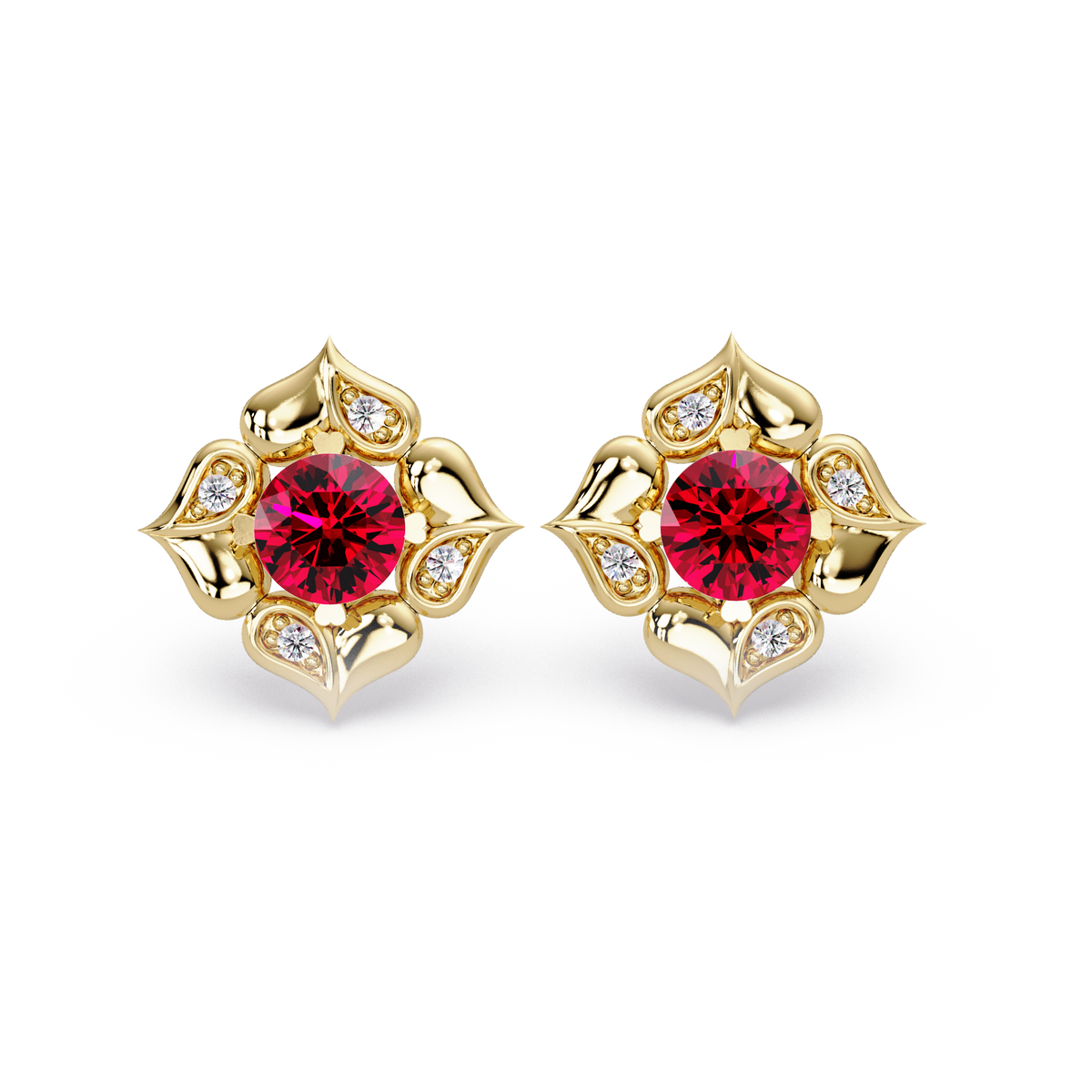 0.5 CTW round floral colorstone stud earrings, Ruby Red, Gold