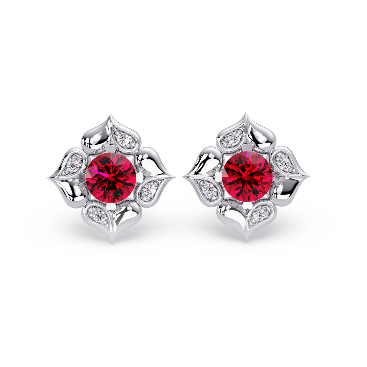 0.5 CTW round floral colorstone stud earrings, Ruby Red, White gold
