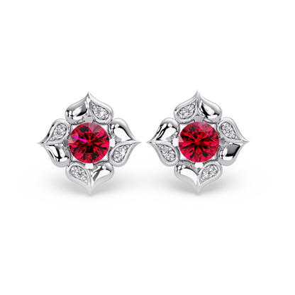 0.5 CTW round floral colorstone stud earrings, Ruby Red, White gold