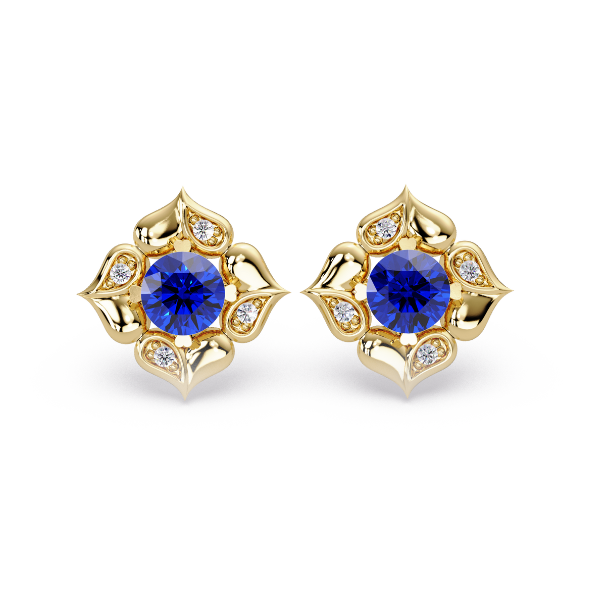 0.5 CTW round floral colorstone stud earrings, Sapphire Blue, Gold